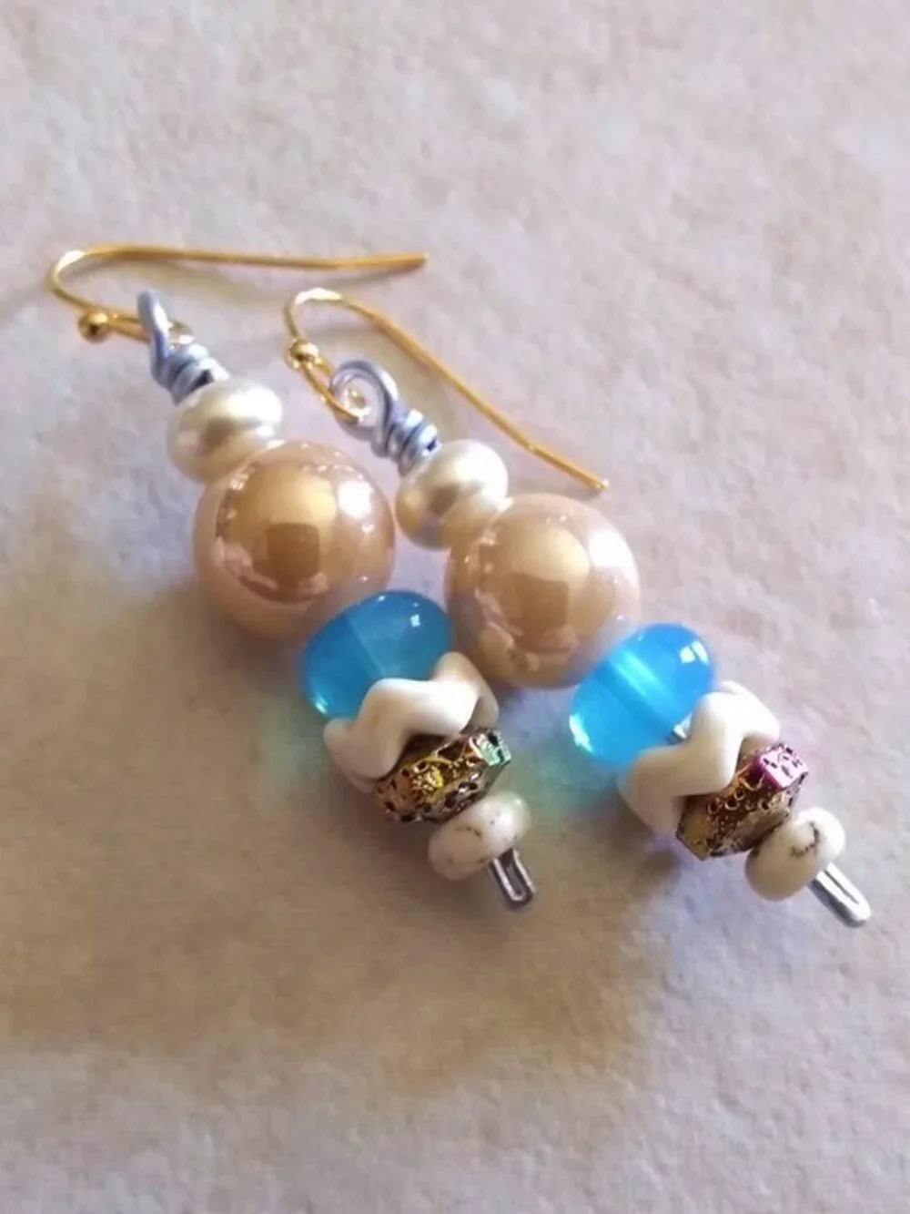 Handmade! Trendy Versatile and Chic - Bead Stack Dangle Earrings - Blue & Cream
